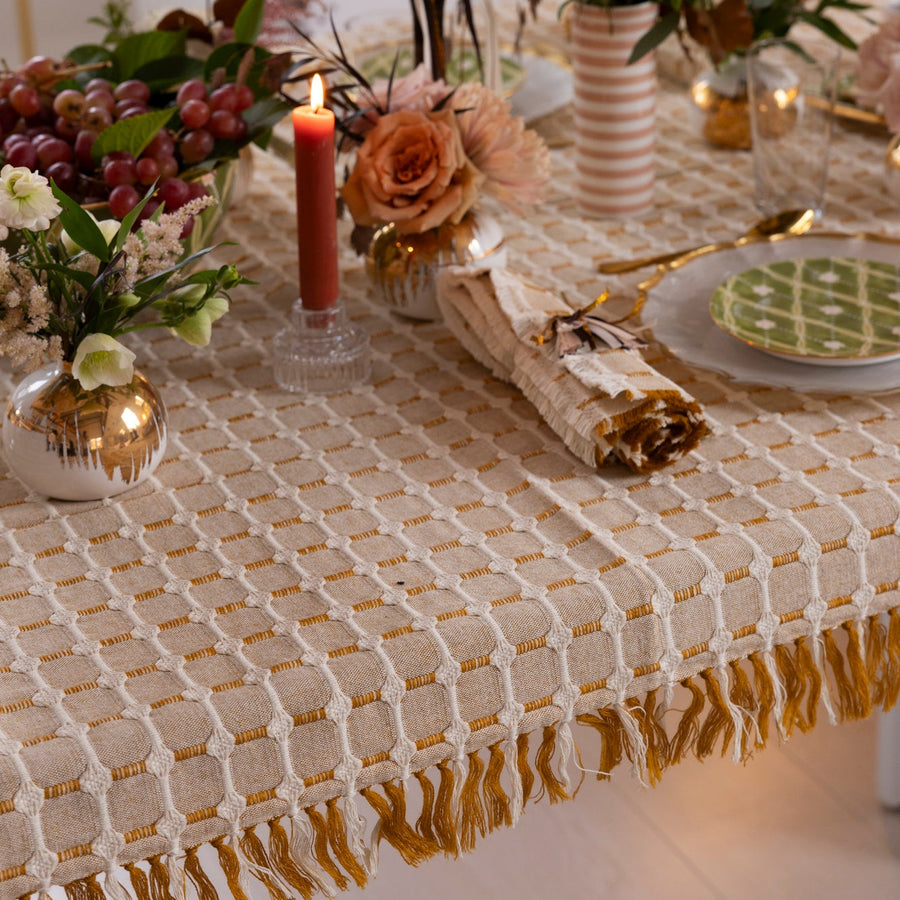 Hopsack Tablecloth with Hand Knotted Fringe- Honey
