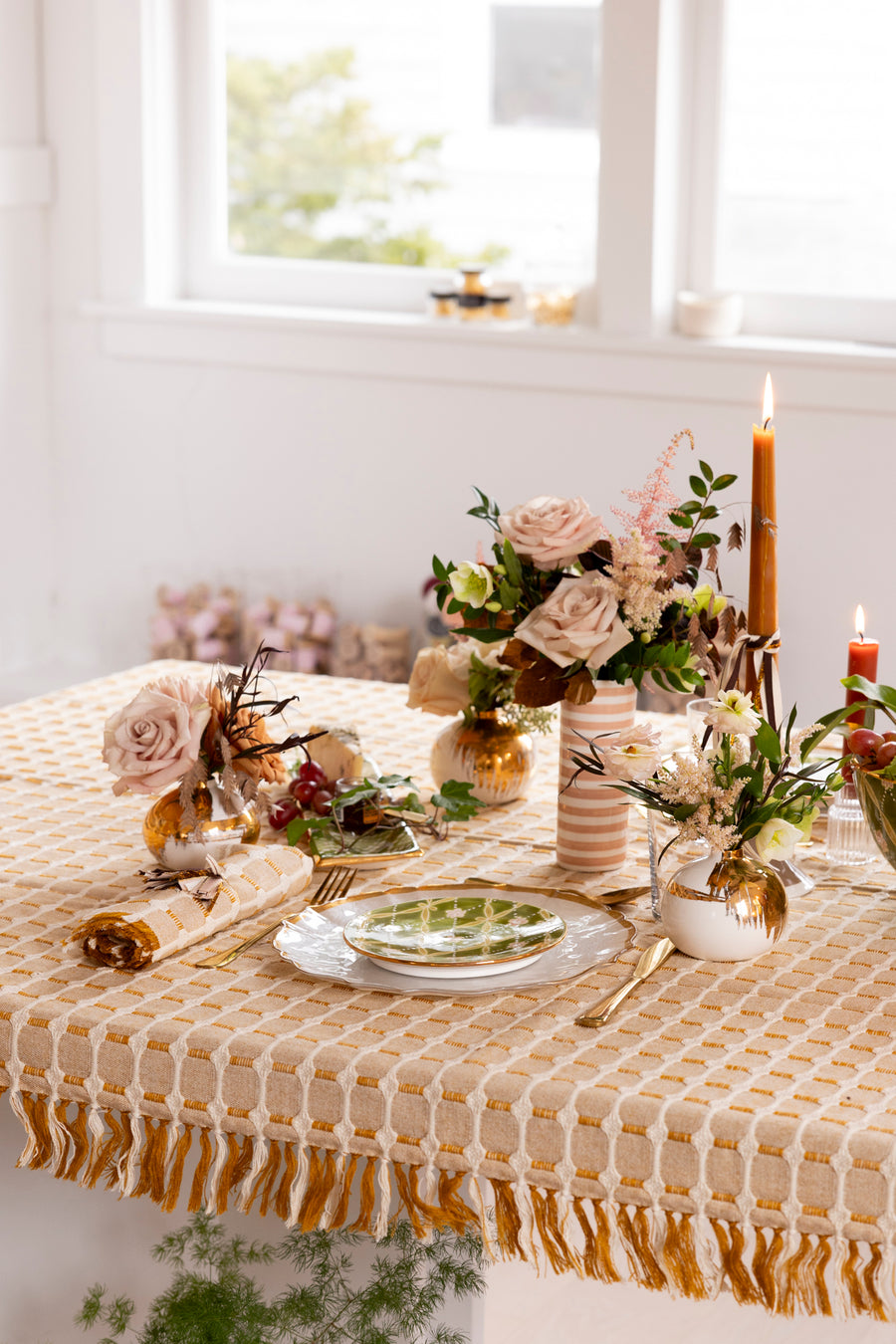 Hopsack Tablecloth with Hand Knotted Fringe- Honey