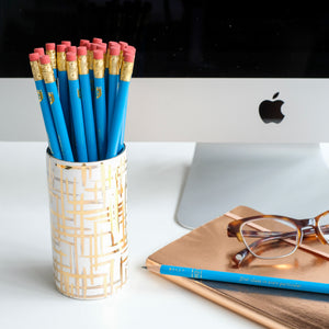 Gold Hatch Pencil Cup w/ True Blue Pencils