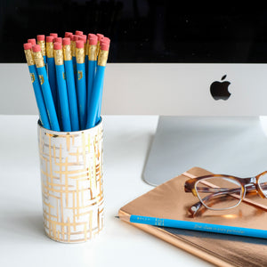 Gold Hatch Pencil Cup w/ True Blue Pencils