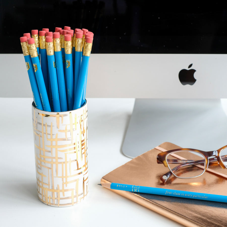 Gold Hatch Pencil Cup w/ True Blue Pencils