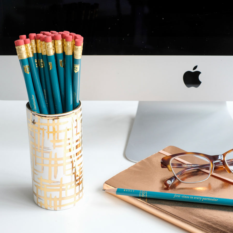 Gold Hatch Pencil Cup w/ Stormy Pencils
