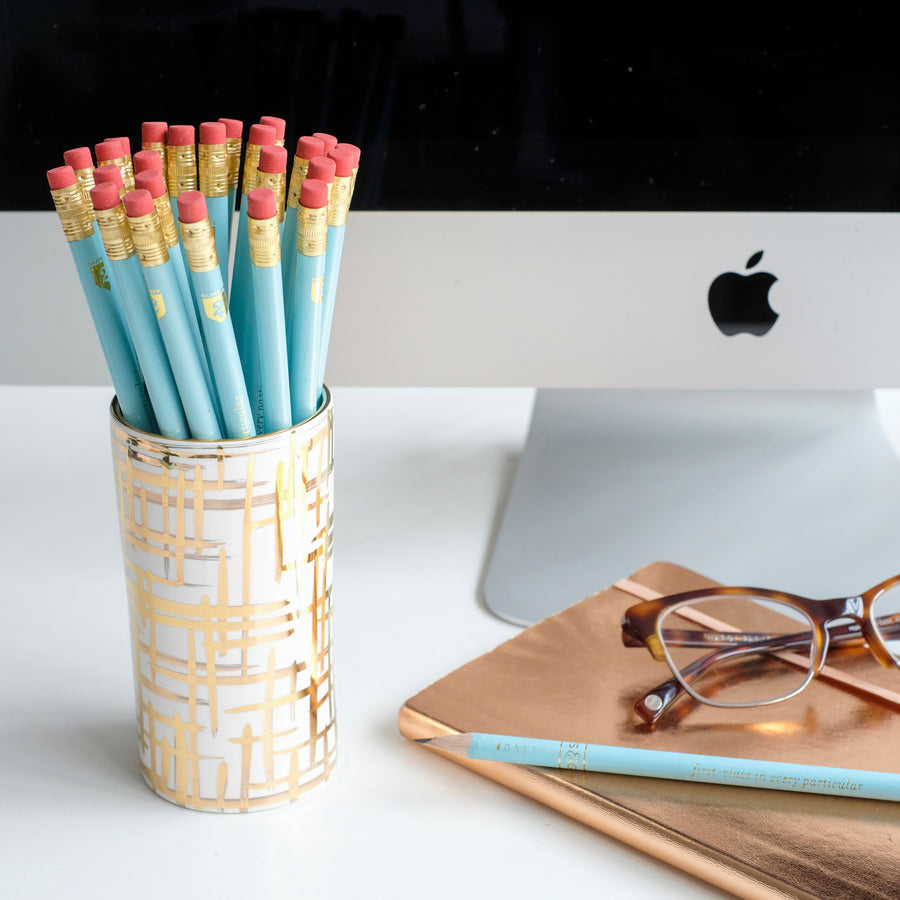 Gold Hatch Pencil Cup w/ Papago Pencils