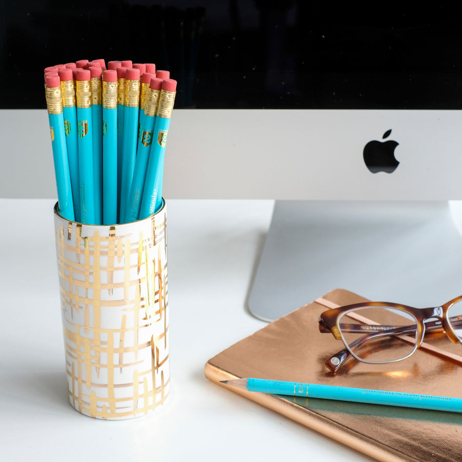 Gold Hatch Pencil Cup w/ Carib Pencils