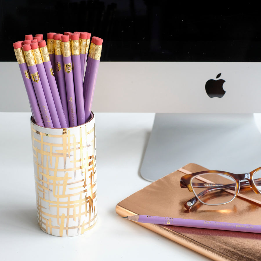 Gold Hatch Pencil Cup w/ Lilac Pencils
