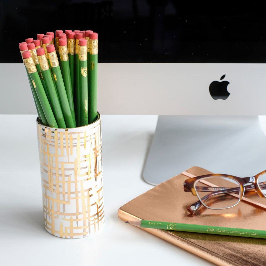 Gold Hatch Pencil Cup w/ Moss Green Pencils